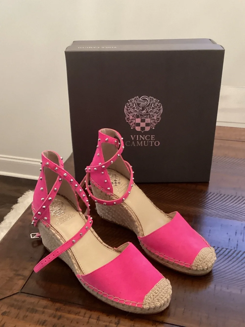 Vince Camuto Hot Pink Studded Ankle-Wrap Espadrille Wedges